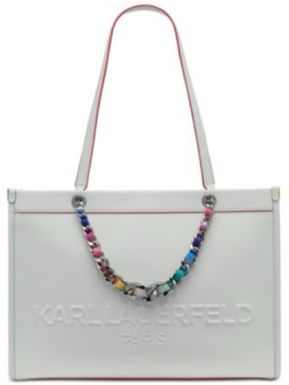 Karl Lagerfeld Large White Leather Carry-All Tote Laptop Purse Bag Rainbow Chain